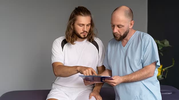 Fysiotherapeut en patiënt bekijken samen het behandelplan op een klembord