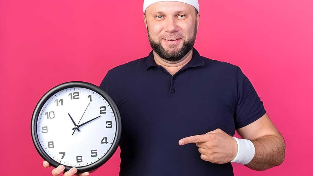 Man met sportieve hoofdband wijst naar een klok, symbool voor snel aan de beurt zonder wachttijd