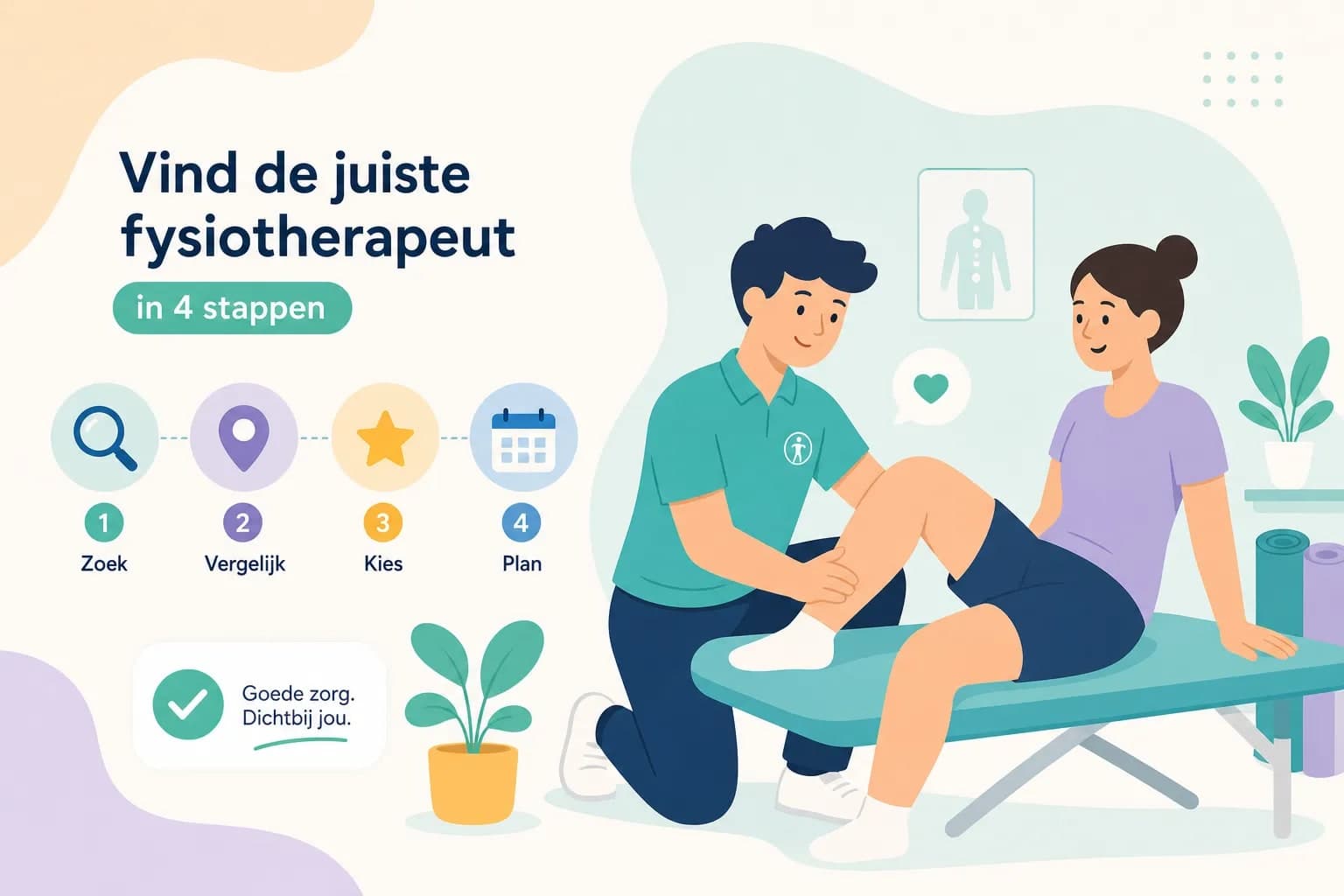 Illustratie van de vier stappen naar de juiste fysiotherapeut: zoeken, vergelijken, kiezen en plannen