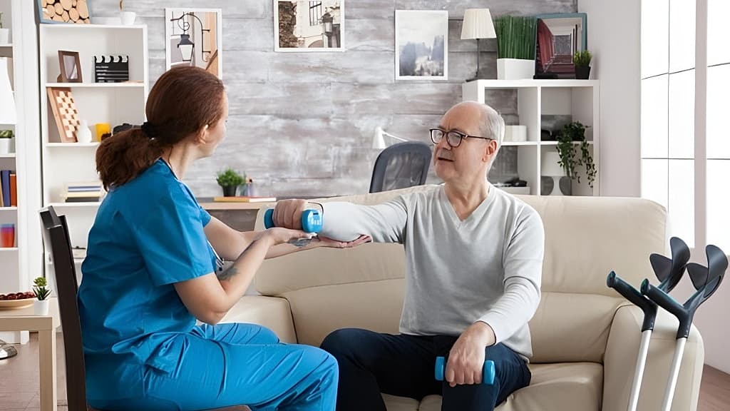 Fysiotherapeut begeleidt een oudere man bij oefeningen met gewichtjes in de huiskamer