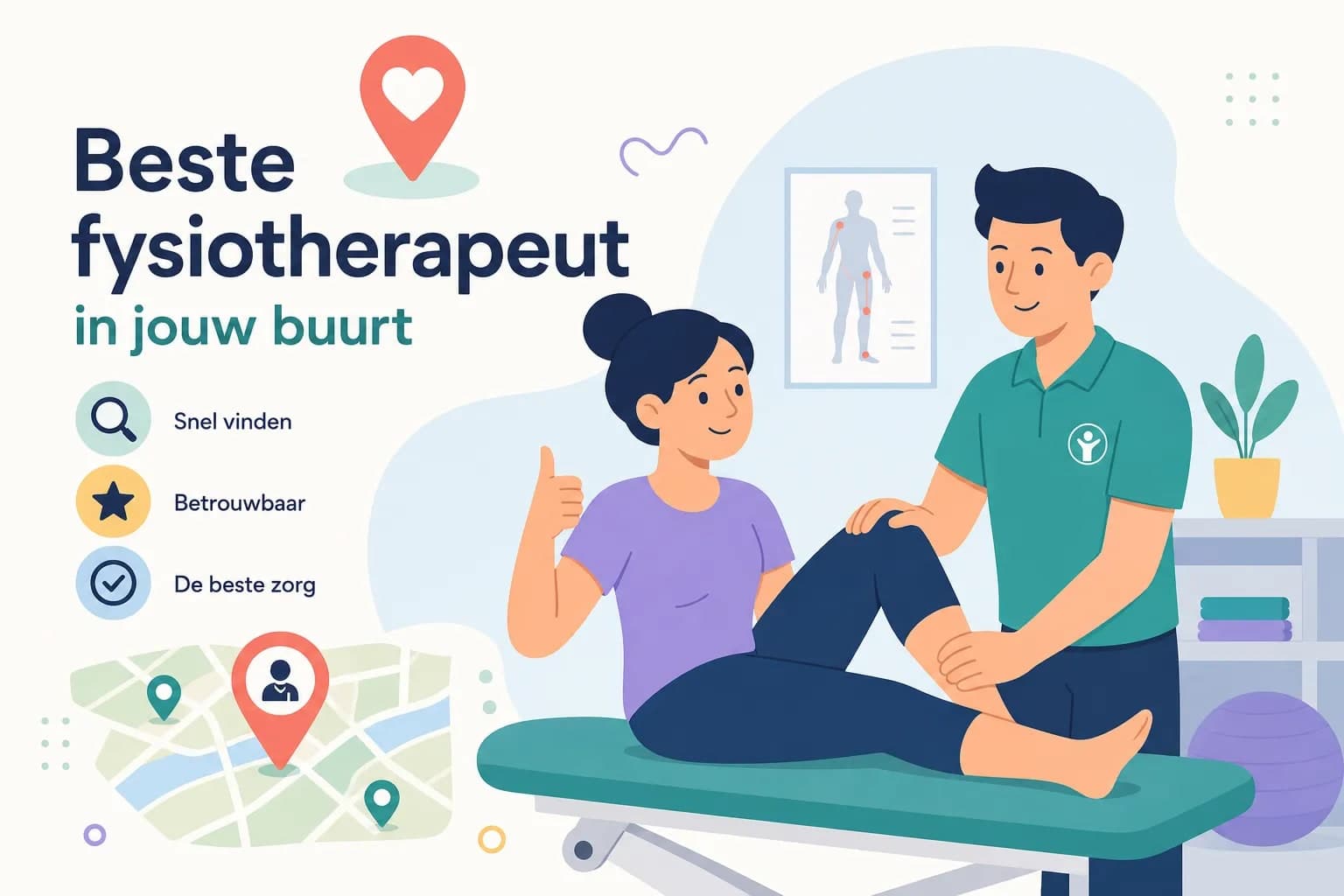 Illustratie van een fysiotherapeut die een knie behandelt, met kaart en zoekpictogrammen voor de beste fysiotherapeut in jouw buurt