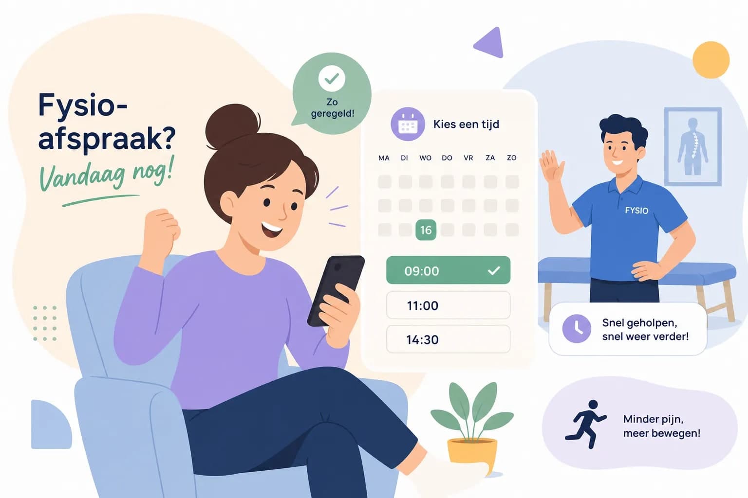 Illustratie van iemand die op de telefoon direct een fysio-afspraak inplant via een agenda met tijdvakken