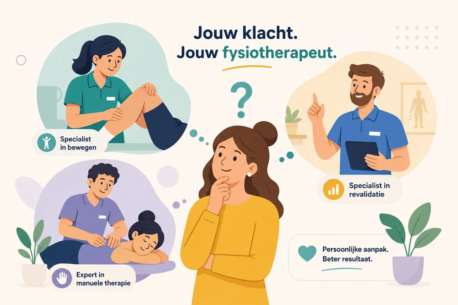 Gestileerde cover met persoon-met-vinkje-icoon bij het artikel over welke fysiotherapeut bij jouw klacht past